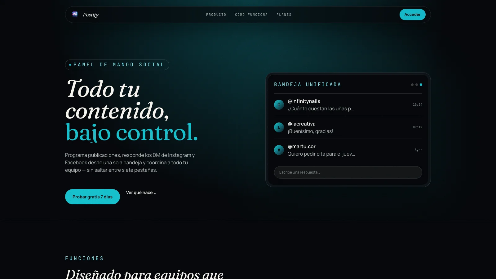Portada de Postify: panel de mando social con bandeja unificada de mensajes
